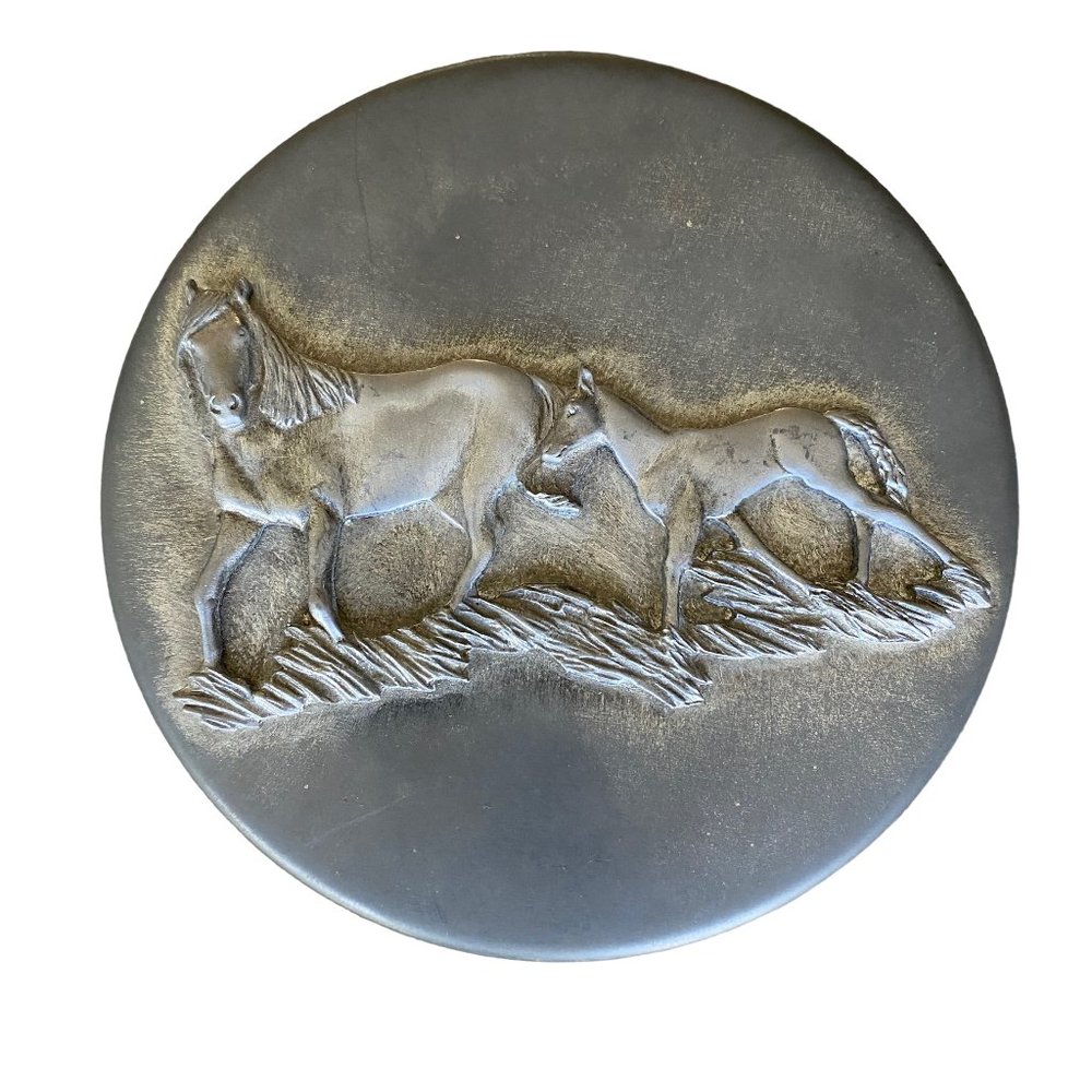 Vintage Metzke Pewter Embossed Horse Equestrian Tin Trinket Round Lidded